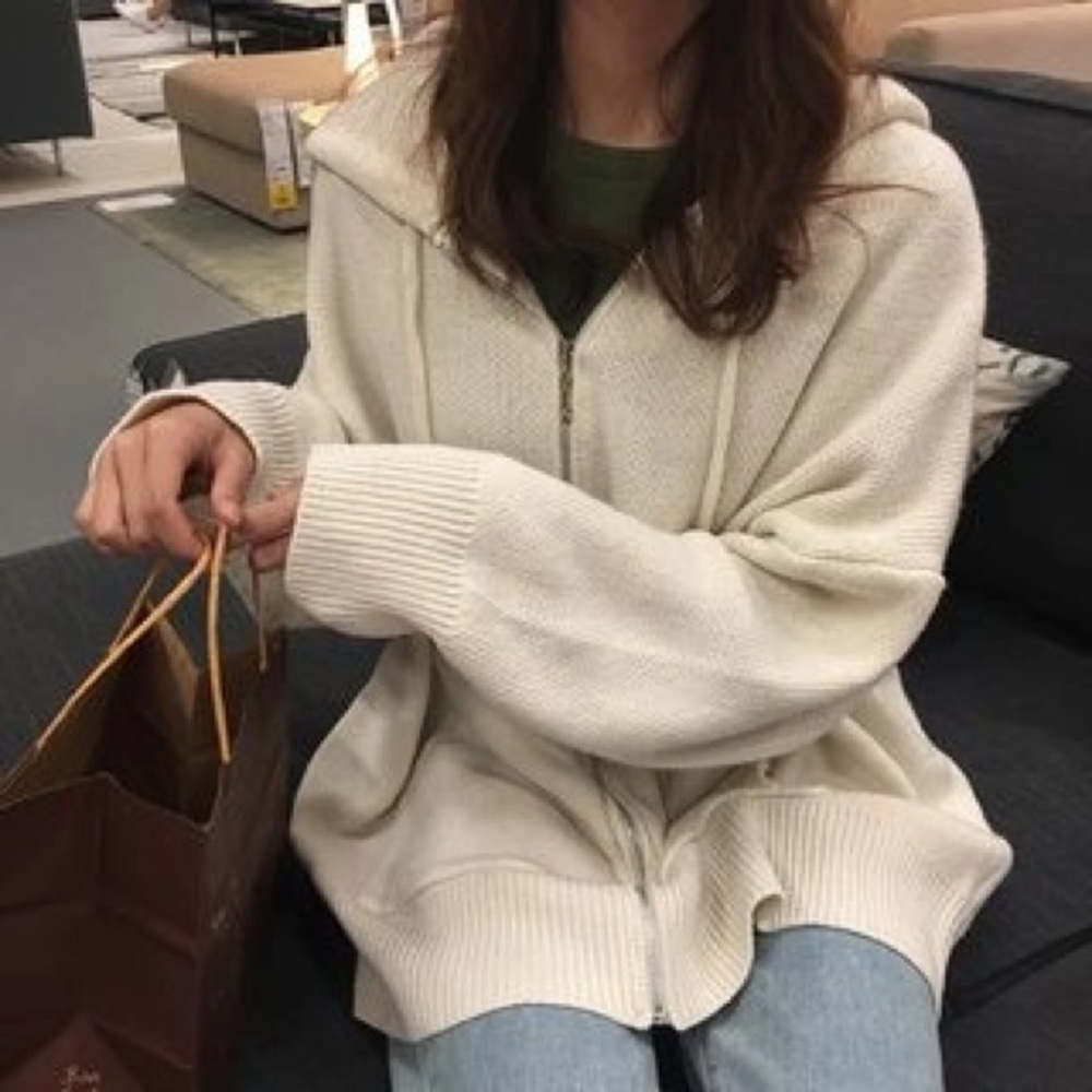 yesstyle zip knit cream hoodie korean oversized